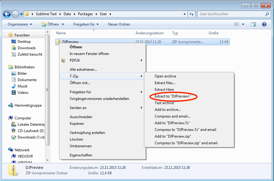 Entpacken der Datei mit 7Zip